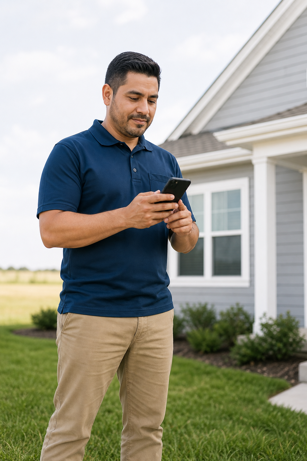 Field technician capturing job photos on a phone at a residential property